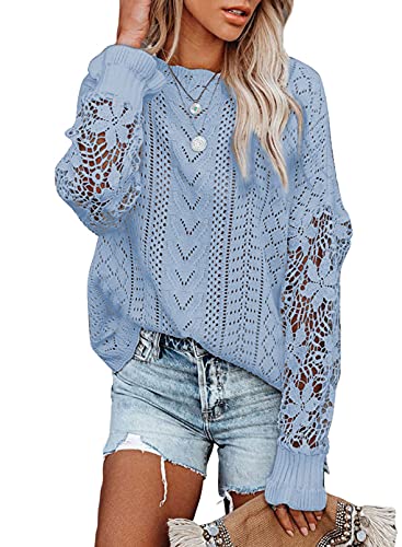 Image of Dokotoo Womens Crewneck Crochet Lace Long Sleeve Hollow Out Cable Knit Sweaters Pullover Tops