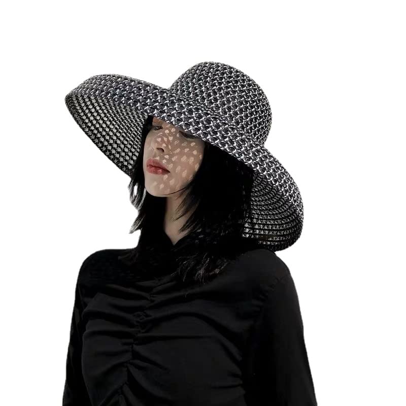 MapofBeauty Sombrero de paja grande retro redondo para mujer, sombreros de sol de viaje, visera, sombreros vintage para mujer, sombrero de playa negro y blanco al por mayor