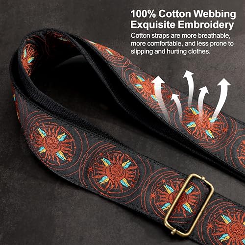 Image of Nefelibata Guitar Strap,Jacquard Embroidery Cotton Guitar Straps with Crazy Horse Leather Ends for Bass, Electric & Acoustic, Best Gifts for Kids, Guitarists(Orange Sun Embroidery)