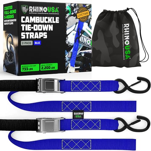 Rhino USA Motorcycle Tie Down Straps (2 Pack) Lab Inspected 2 200lb Break Strength Steel Cambuckle Tiedown Set with Integrated Soft Loops - Better Than a Ratchet Strap (Blue 2-Pack)