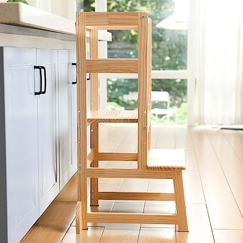 Mother\'s Helper Adjustable Height Kitchen Step Stool, Kids Helper Learning Stool Toddler Tower with Safety Rail for Kitchen Counter, Montessori Stool (Natural) - Thumbnail 5