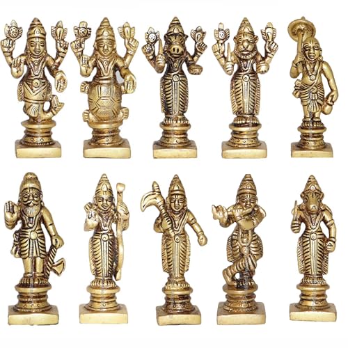 Image of ARKAM Brass Vishnu Dashavatar Murti /Dash Avatar Idol /Pital Das Avatar Statue (Set of 10) - Antique Brass for Home /Temple /Office (Height: 9 cm, Weight: 1250 GMS)