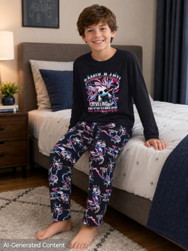 Image of Tebbis Boys Comfy Trendy Print Long Sleeve & Pants Pajama Set Sizes 6-18 | Lightweight Breathable Fabric, 2-Piece PJs, Trendy Printed Jammies for Little & Big Boys, Ideal for Lounging and Sleeping