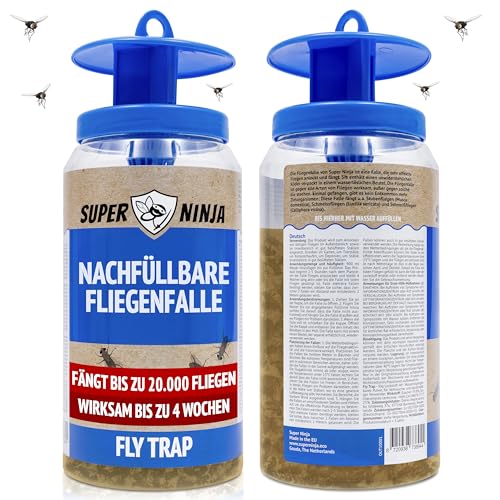Super Ninja Fliegenfalle Draußen – Wiederverwendbare Fliegenfänger mit nachfüllbarem, Nicht-giftigem Lockstoff, Fängt bis zu 20.000 Fliegen, 4 Wochen Schutz, Mit wasserlöslichem Beutel
