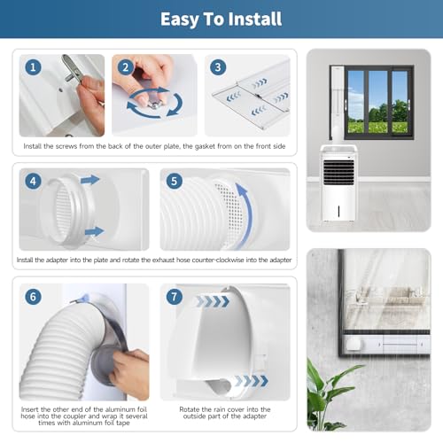 Image of Yipoch Portable AC Window Vent Kit inclue 2M Exhaust Hose 5.9 inch & Waterproof Rain Cover & 4-in-1 Coupler Filter,Portable Air Conditioner Window Seal Kit with 4 Adjustable PVC Plates (17 inchUp to 59 inch)