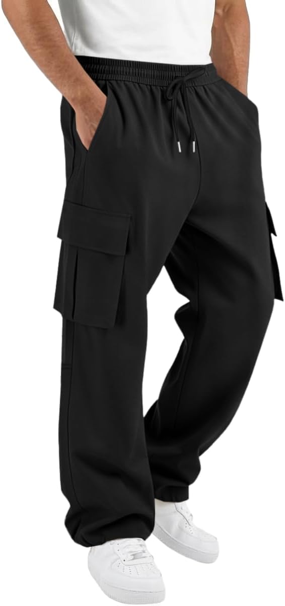 Runcati Mens Cargo Pants Hiking Athletic Joggers Sweatpants Elastic Waist Drawstring Casual Trousers with Multi Pockets