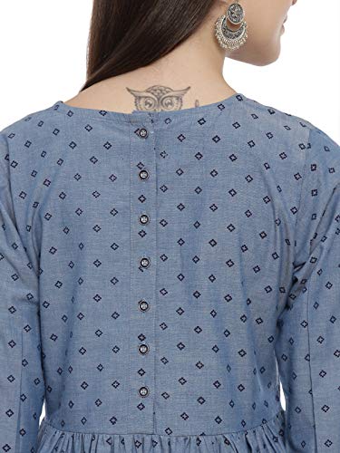 Image of Elleora Women Denim Navy Block Printed Fit and Flare Dress.