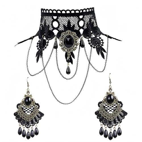 iWenSheng Halloween Costumes Jewelry for Women - Steampunk Black Lace Choker Necklace Halloween Earrings Set Gothic Jewelry Accessories Vampire Choker Necklace Costume for Teen Girls