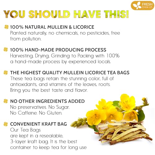 Image of FreshDrinkUS, Premium 55 Mullein Licorice Tea Bags, 100% Natural, Blend of Mullein Leaves, and Licorice Root. Made with Natural Material Tea Bags. No Sugar, Vegan.
