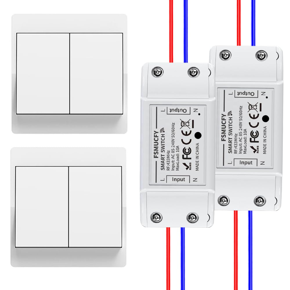 Funklichtschalter Set 230V mit Empfänger, Kinetischer Funkschalter Ohne Batterie, Wasserdicht, 200m Reichweite, Ohne Bohren, Ideal für Mieter & Hausbeleuchtung (EU 2Gang 2V2)