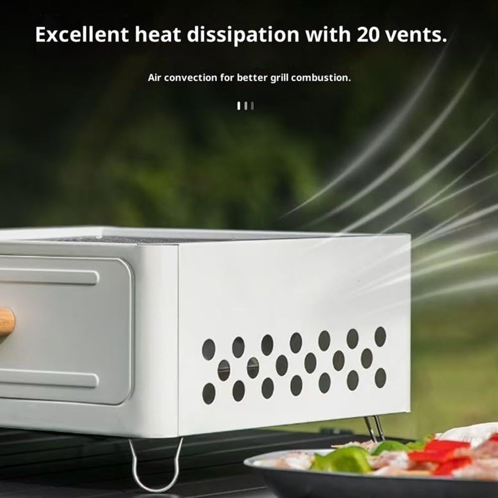Portable Square Barbecue Grill with Heart Design, White Compact Outdoor Griller for Camping, Picnics, Backyard Ideal for Meats, Veggies, More