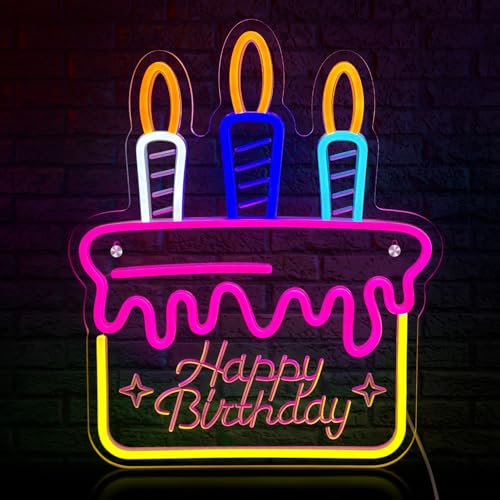 ReyeeInc Happy Birthday Neon Sign, Bright and LED Colored Light up Birthday Sign and USB Powered Dimmable Large Birthday Cake and Candles Sign for Birthday Party Wall Backdrop Decoration (15.5*12.6
