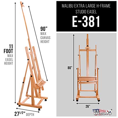 U.s. Art Supply Malibu Heavy Duty Extra Large Adjustable H-Frame Studio Easel With Artist Storage Tray - Tilts Flat, Sturdy Wooden Beech Wood Painting Canvas Holder Stand - Locking Caster Wheels #TOP1