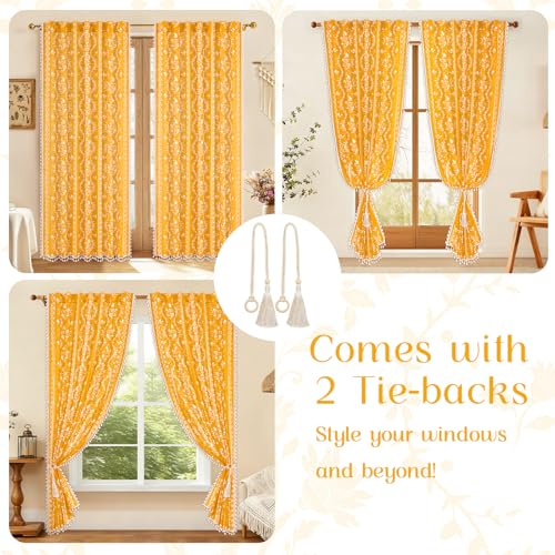 Image of Yinhua Boho Curtains for Living Room 63 Inch Length Vintage Linen Yellow Curtains for Bedroom Light Filtering Floral Window Curtain Rod Pocket & Back Tabs Farmhouse Rustic Tassel Drapes with Tiebacks