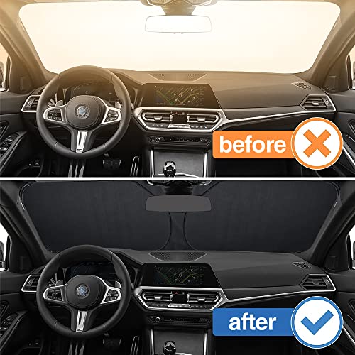 Sonnenschutz Auto Frontscheibe 142×80cm, Auto Sonnenschutz Frontscheibe Innen, Frontscheibenabdeckung, Sonnenblende Vorne, Windschutzscheibe für Sommer Selbsthaftend UV Hitzeschutz Plane Faltbar (L)