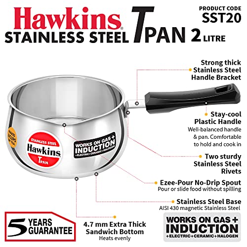 Hawkins 2 Litre Stainless Steel TPan, Induction Saucepan, Steel Utensil, Silver (SST20)