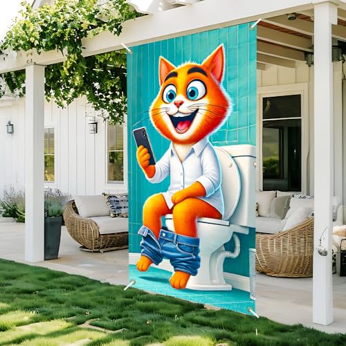 Image of Funny Cat Toilet Door Cover 35x71in Orange Tabby Humor
