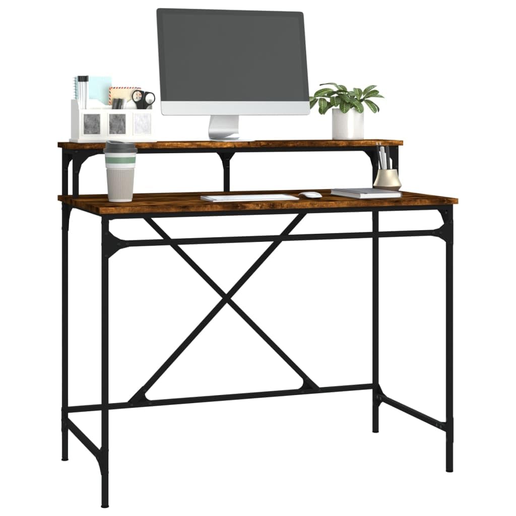 Escritorio de roble ahumado de 100 x 50 x 90 cm, madera y hierro, mesa de ordenador con estructura estable, amplia superficie de trabajo para oficina y oficina en casa