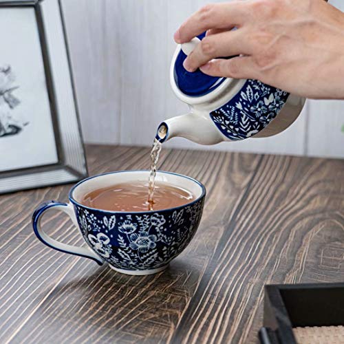 Taimei Teatime Hand Painted Tea for One Set, Ceramic Tea Pot(11 fl oz) and Cup Set with Infuser for Loose Leaf Tea, Blue and White - Thumbnail 3