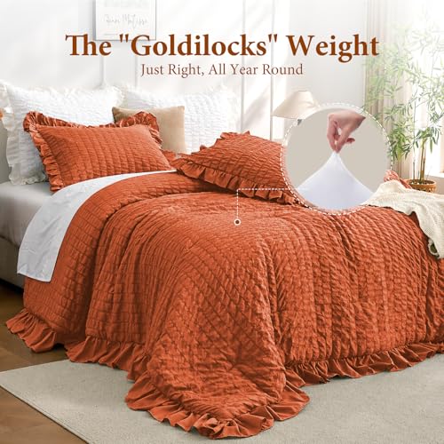 Image of JOLLYVOGUE Burnt Orange Comforter Full Size, 3 Pieces Seersucker Lightweight Full Size Bedding, All Season Fluffy Microfiber Bedding Comforter Set with 1 Ruffle Comforter and 2 Ruffle Pillowshams