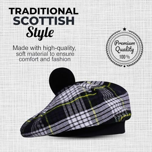 Image of Scottish Tam O' Shanter Hat Tartan Bonnet Pom Pom Wool Flat Cap One Size