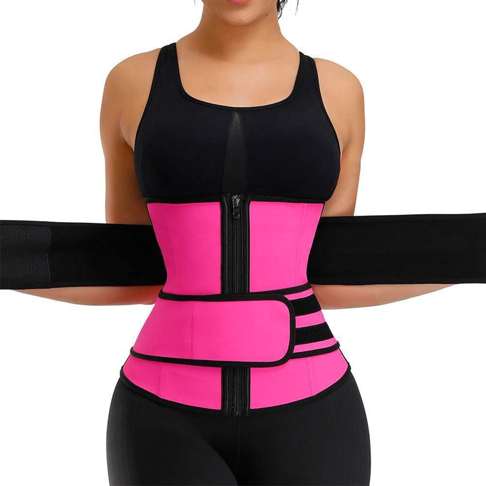 Workout Waist Trainer for Women Man -Tummy Control Slimming Body Shaper Belt Sauna Sweat Corset Cincher with Zipper, Pink, Large