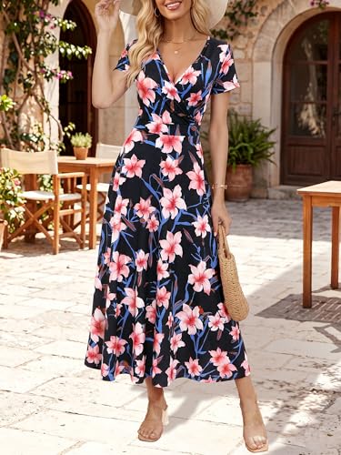 Image of HUHOT Women's Short Sleeve Wrap V Neck Dresses for Wedding Guest Summer Floral Maxi Sundresses with Pockets Boho Dress