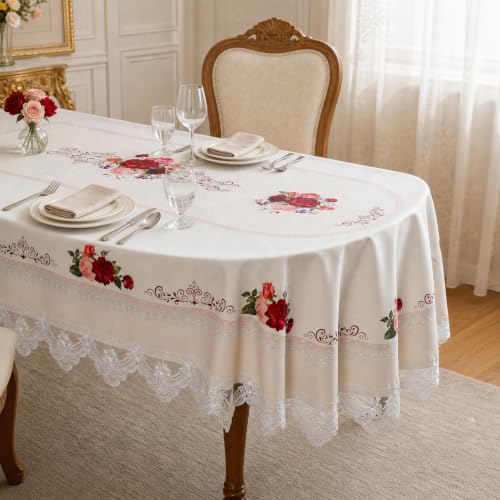 SUTAVIA Lace Table Cloth Offwhite 60"x120" Oval Rose Pattern Waterproof