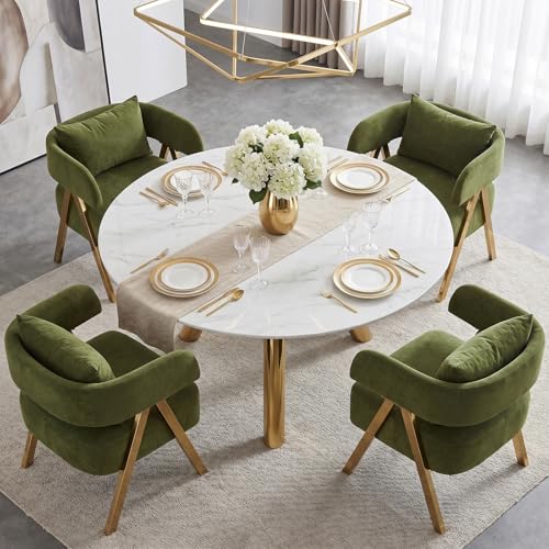 Image of Modern Velvet Dining Chairs Set of 4 with Arms and Gold Metal Legs, Green