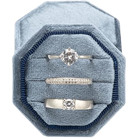 Giftop Equal Octagon Velvet Ring Box Storage 3 Slots for Wedding Ceremony Proposal Engagement Birthday Gift (Vintage Blue) Cover