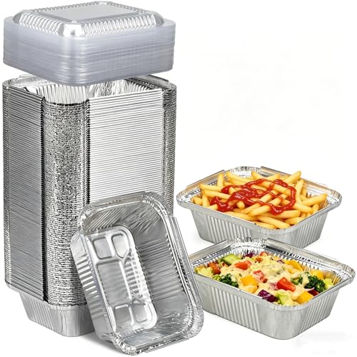 Benestanti 100 Pack Small Disposable Aluminum Pans With Plastic Lids-(5x 4) 1 Lb Mini Foil Pans With Lids for Catering Meal Prep Baking Roasting Freezer Safe