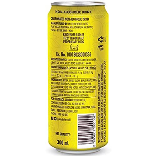 Image of Kingfisher Radler - Lemon - Non-Alcoholic Malt Drink , Pack of 24 x 300 ml Can
