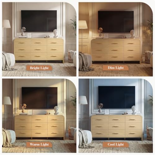 Image of Curved 9-Drawer Dresser for Bedroom, 63 inch Wide Modern Chest of Drawers, Vanity Desk TV Stand for Living Room, Closet Storage Drawers Organizer Furniture, Nursery, Hallway, Natural Oak