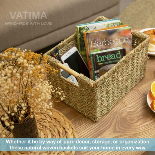 Large Wicker Storage Basket With Wooden Handles, Seagrass Baskets For Shelves, Natural Basket With Handle, Wicker Baskets For Storage 14.5 X 10.3 X 7.5 Inches #TOP7