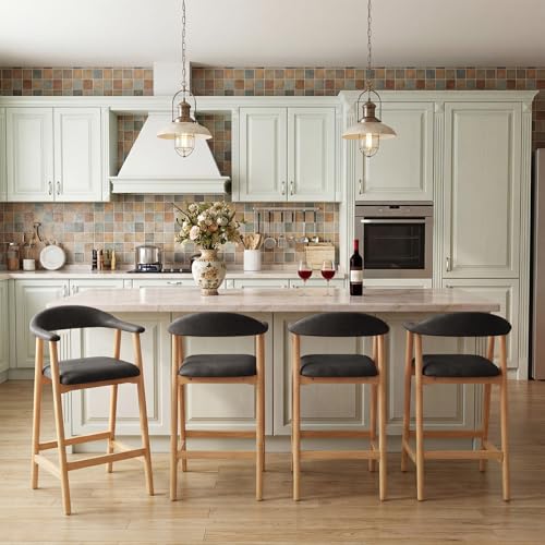 Image of 26 inch Bar Stools Set of 2, Upholstered Counter Stools, Modern Faux Leather Counter Height Bar Chairs with Backs and Arms, Wood Legs and Footrest, for Kitchen Counter, Island, Dining Room, Dark Gray