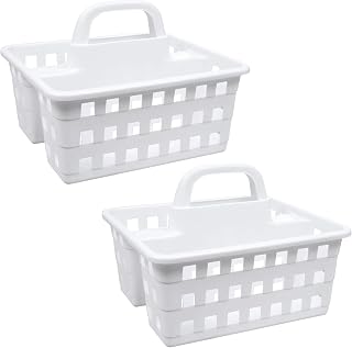 Divided 3-Compartment Plastic Caddies with Handle 10x8.75x7.5 in, Home Office Portable Multipurpose Utility Reusable Container Organizer Storage Holder Bucket Basket, Set of 2 (WHITE)