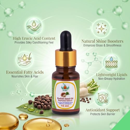 Image of KUNJ Radish Seed Oil (Raphanus sativus) 10ML - 100% Pure & Natural Cold Pressed Undiluted Carrier Oil for Hair Growth, Scalp Care, Skin Nourishment & DIY Beauty Blends