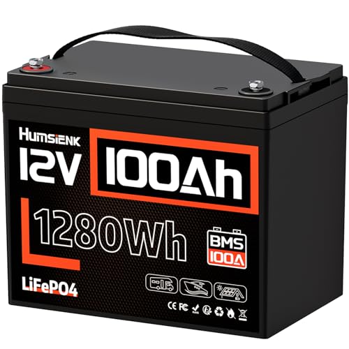 HumsiENK 12V 100Ah LiFePO4 Lithium Leisure Battery 1280Wh Capacity, BMS 100 with Low-Temperature Protection,10-Year Service Life, for Motorhomes,Campervan,Narrowboat,Solar