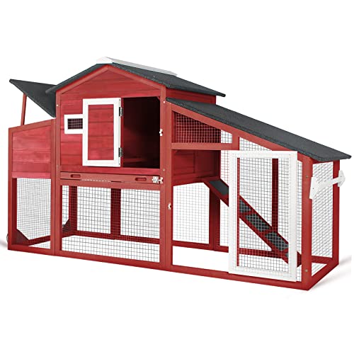 PetsCosset Chicken Coop Wooden Backyard Hen House - Indoor Outdoor for 2-3 Chickens, 2 Story Poultry Cage with Run, Chicken Nesting Box, Pull Out Tray