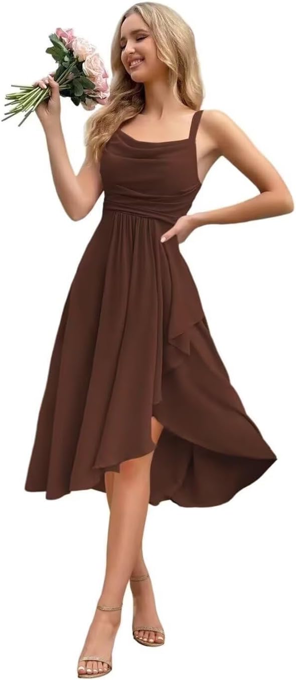 Short Bridesmaid Dresses for Women Spaghetti Straps Cowl Neck Formal Dress for Wedding Guest with Slit