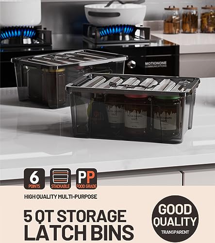 Image of WYT 5-Quart Small Plastic Storage Container Bin with Secure Lids and Latch Buckles, Black Clear Durable Stackable Nestable Organizin, 6-Pack