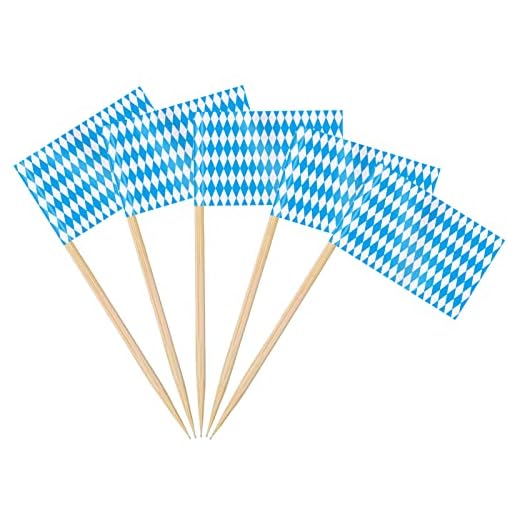 AhfuLife 100Pcs Drapeau Cure-dent Bavière, Mini Drapeau Cocktail de Oktoberfest, Cure dents Bleu et Blanc pour Decor Fête de la Bière, Oktoberfest Soirée à Thème Déco, Cupcake Topper Buffets