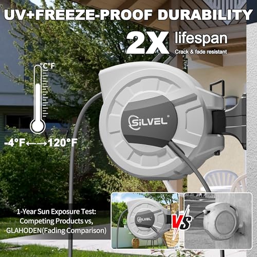 Image of SILVEL 1 /2 in x 130 FT Retractable Garden Hose Reel, Upgraded UV Resistant Heavy Duty Automatic Hose Reel Wall Mount with 10 Pattern Nozzle, Any Length Lock & Slow Return System, 180Swivel Bracket