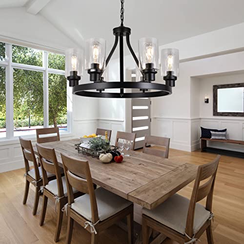 Hccz 6-Light Farmhouse Chandelier Wagon Wheel Pendant Light Fixtures For Dining Room Living Room Island Kitchen Foyer Bedroom, Modern Black Industrial Rustic Adjustable Height Metal E26 Base #TOP1