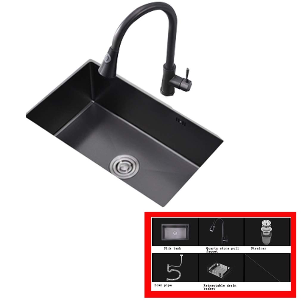 ZQFHSX Kitchen Sinks Fixtures Stainless Steel Home Built-in Sink Rectangular Black Single Basin Large Capacity Durable (Color : Black, Size 64 * 43cm)