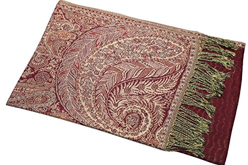 Achillea Luxurious Double Layered Jacquard Big Paisley Pashmina Shawl Wrap Scarf (Burgundy)