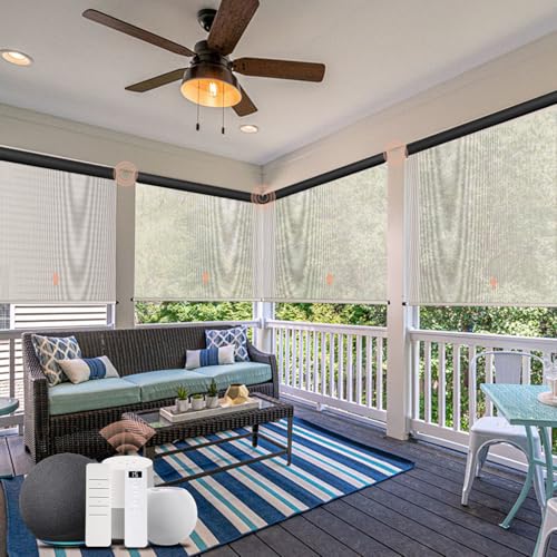 Motorized Outdoor Roller Shades, Canisteo Outdoor Patio Blinds with Remote Control, Smart Sun Shades Compatible with Alexa, Google for Porch Waterproof & Windproof, Custom Size, 1% Openness Cream