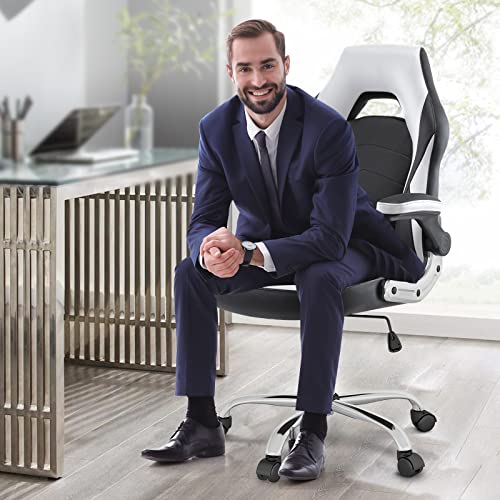 MCQ Ergonomic Chair PU Leather with Padded Flip-up Armrests and Lumbar Support, Height Adjustable, Swivel Rolling, Rocking Function, for Computer Desk, Working, Studying, Gaming, White - Image 3