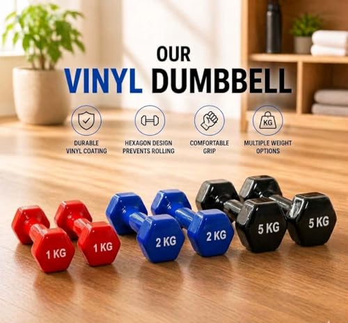 Image of De Jure Fitness Dumbbell Set with Stand for Home Gym | 1kg 2kg 5kg 3 Pair Dumbbells Set | Vinyl Weight Set with Rack | Space Saving Compact Stand | Strength Training Workout Equipment