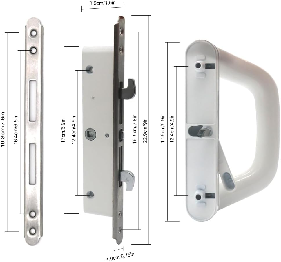 Patio Sliding Door Handle Set with Mortise Lock, Suitable for Sliding Glass Patio Door Thickness from 1.5in to 2in, 4-15/16" Screw Holes, Need to Drill, Reversible Design, Keyed (White)